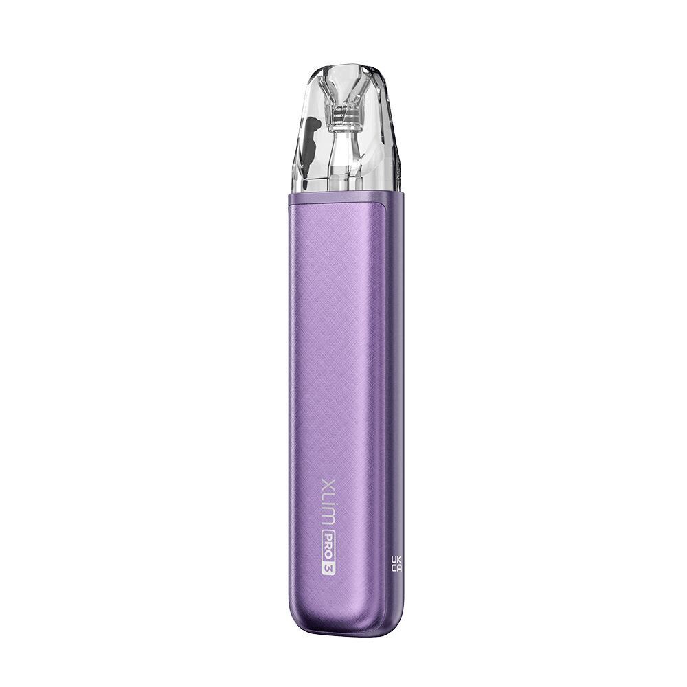 Oxva Xlim Pro 3 Pod Kit - Purple Silk Oxva Xlim Pro 3 Pod Kit in Purple Silk, glänzende Oberfläche, mit durchsichtigem Mundstück und seitlichem Branding.