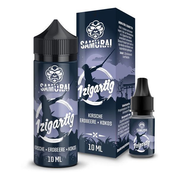 Aroma 1zigartig von Samurai Zwei Flaschen Samurai Aroma 1zigartig in Kirsche, Erdbeere, Kokos vor passender Verpackung mit Samurai-Design, 10 ml Flascheninhalt