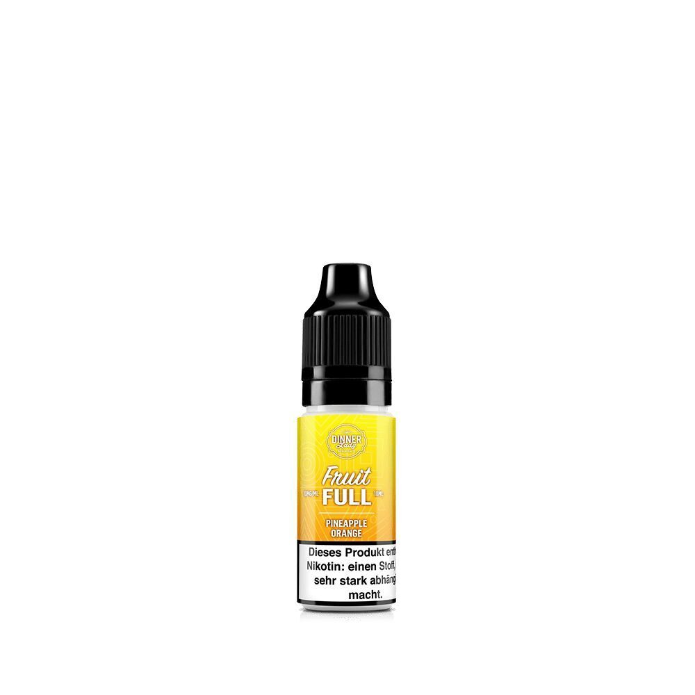 Gelbes Nikotinsalz-Fläschchen mit schwarzem Verschluss, Etikett "Dinner Lady Fruit Full Pineapple Orange", Warnhinweis zur Nikotinabhängigkeit.