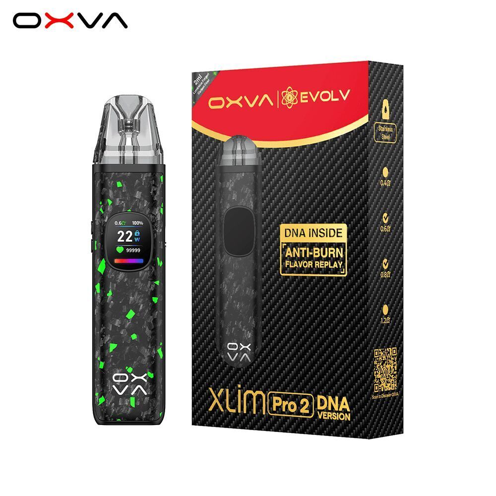 Oxva Xlim Pro 2 DNA Pod Kit - Luminous Forged Carbon Fiber Oxva Xlim Pro 2 DNA Pod Kit in schwarz mit grünem Muster, Display zeigt 22 Watt, Verpackung mit „DNA Inside“ und „Anti-Burn Flavor Replay“ Text.