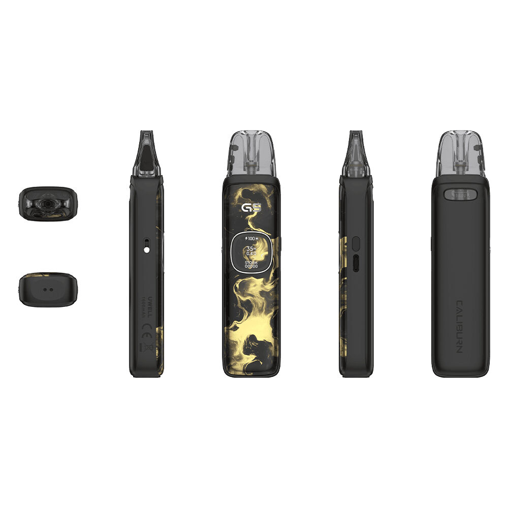 Uwell Caliburn G5 Pod Kit in Black Gold gezeigt aus verschiedenen Blickwinkeln mit Details der gelben Musterung und Bedienelemente.