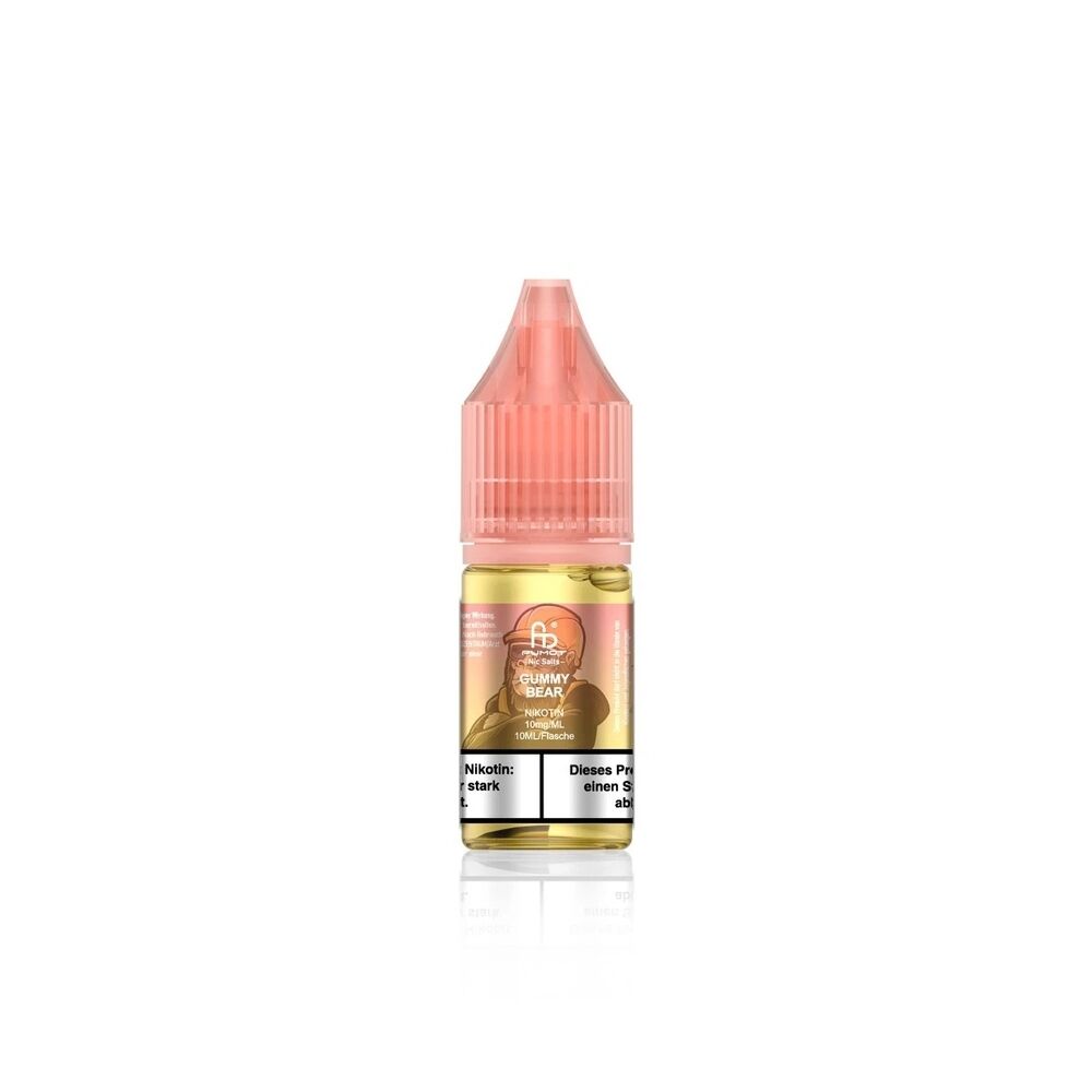 randm-tornado-liquid-10ml-gummy-bear-10mg.jpg RandM Tornado Nikotinsalz Liquid-Flasche Gummy Bear 10mg mit orangener Kappe und Etikettenaufdruck in transparentem Behälter