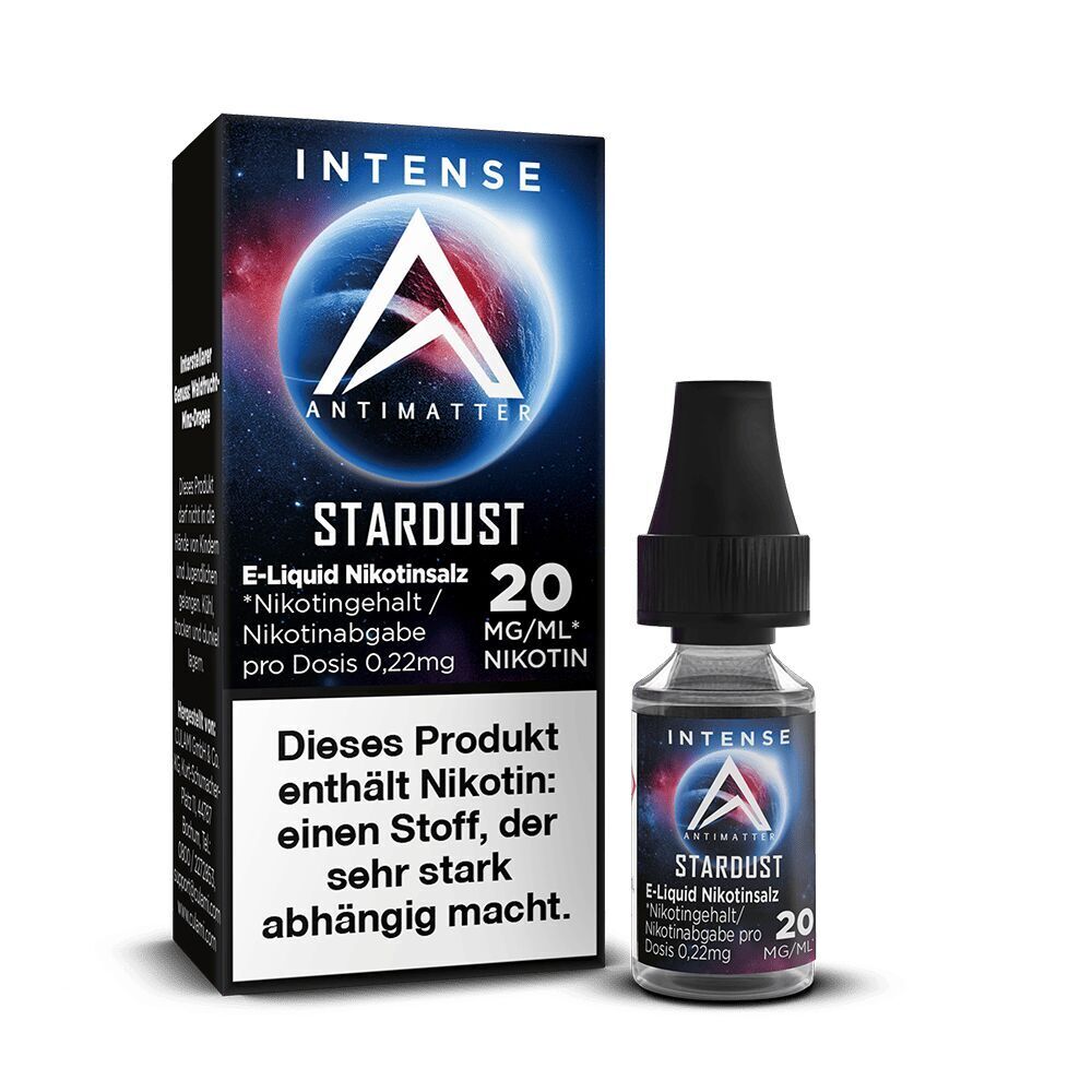 E-Liquid Flasche und Verpackung von Antimatter Intense Stardust Nikotinsalz 20mg mit Warnhinweis über Nikotinsuchtgefahr