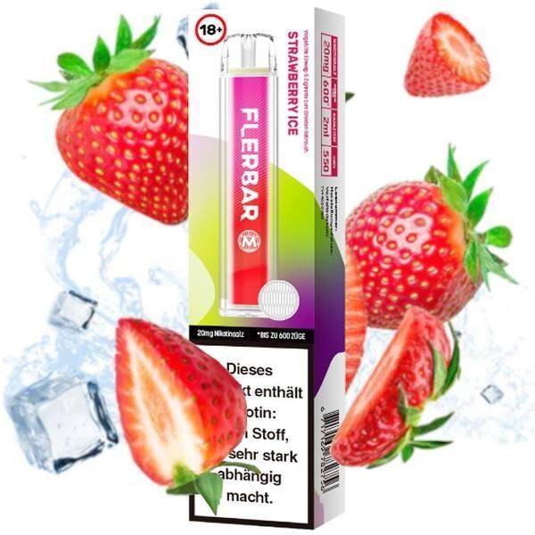 Strawberry Ice mit 20mg Nikotin Flerbar E-Shisha Flerbar Strawberry Ice 20mg Vape vor einer Verpackung, umgeben von frischen Erdbeeren und Eiswürfeln, mit einem "18+"-Symbol.