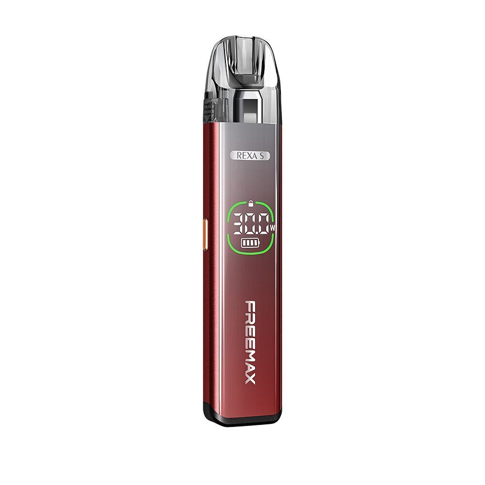 Freemax Rexa S Pod Kit - Red Freemax Rexa S Pod Kit in Rot mit digitaler Anzeige der Leistung von 30 Watt und Akkustand, transparentem Pod und seitlichem Knopf.