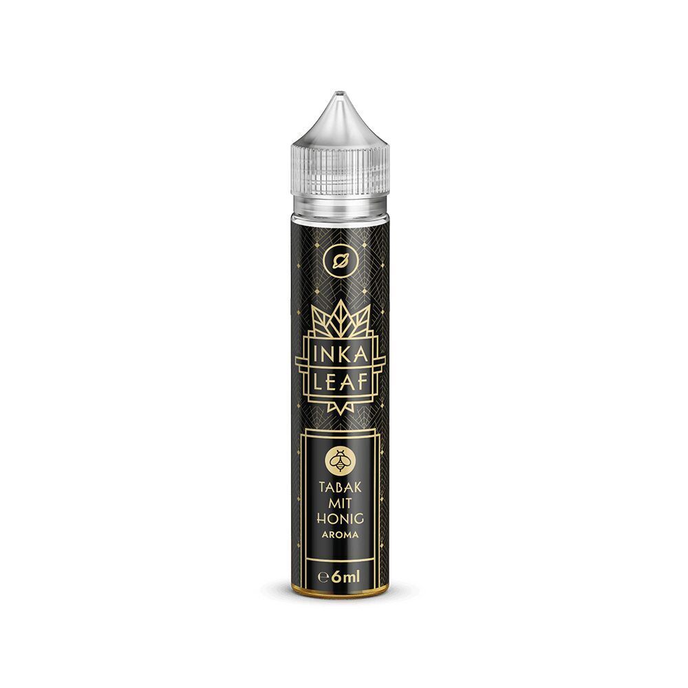 Flavorverse Aroma-Sprühflasche mit schwarzem Design, goldenen Mustern und Text "Tabak mit Honig Aroma" von Inka Leaf, 6ml Inhalt.