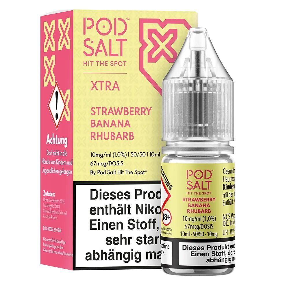 Liquid Strawberry Banana Rhubarb von Pod Salt Xtra Pod Salt Xtra Nikotinsalzflasche und Packung in Gelb, Geschmacksrichtung Strawberry Banana Rhubarb, mit Warnhinweisen und Dosierung.