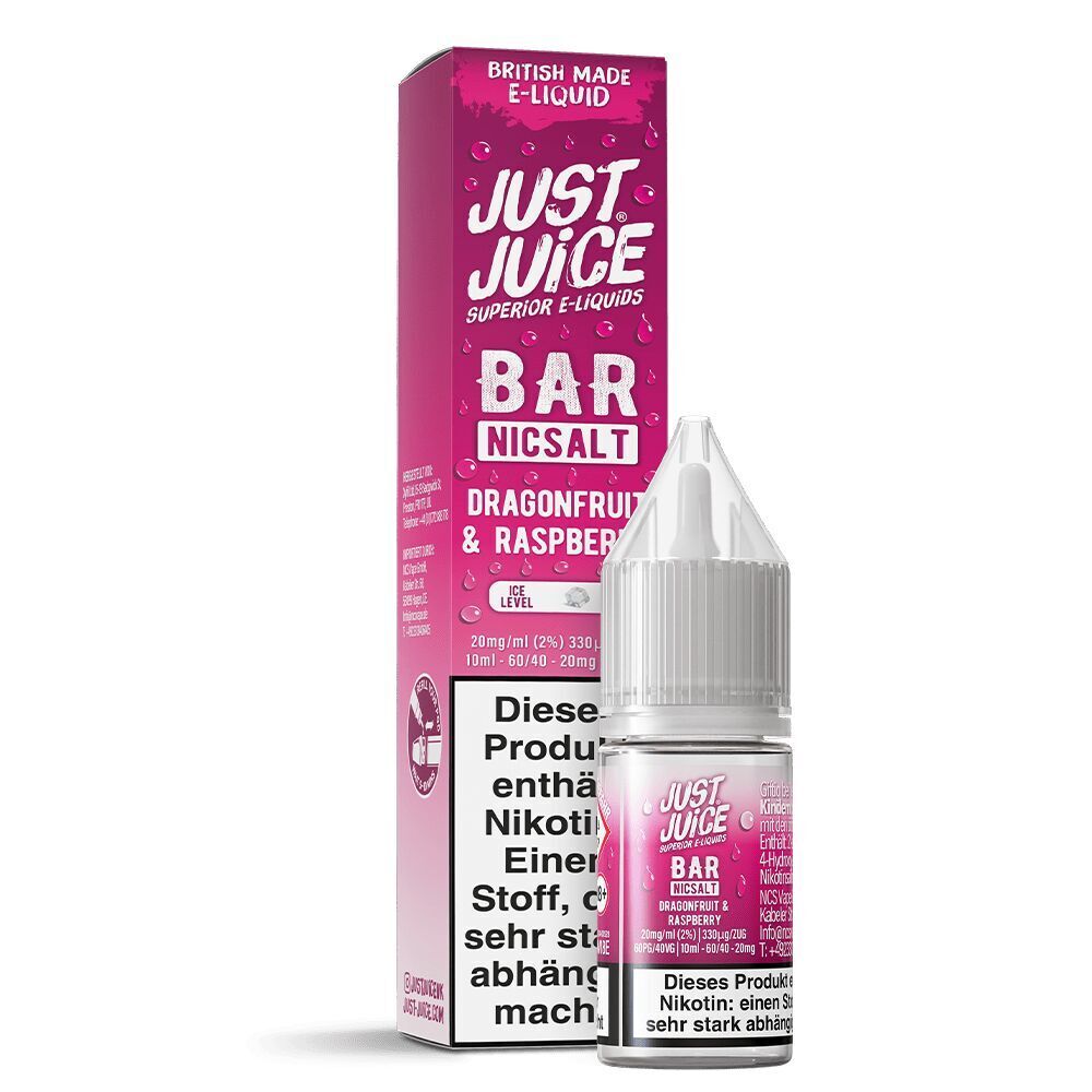 Liquid Dragonfruit & Raspberry 20mg - Just Juice Just Juice Nikotinsalz Dragonfruit & Raspberry 20mg Flasche und Schachtel, beide in Pink mit sichtbarem Warnhinweis über Nikotin.