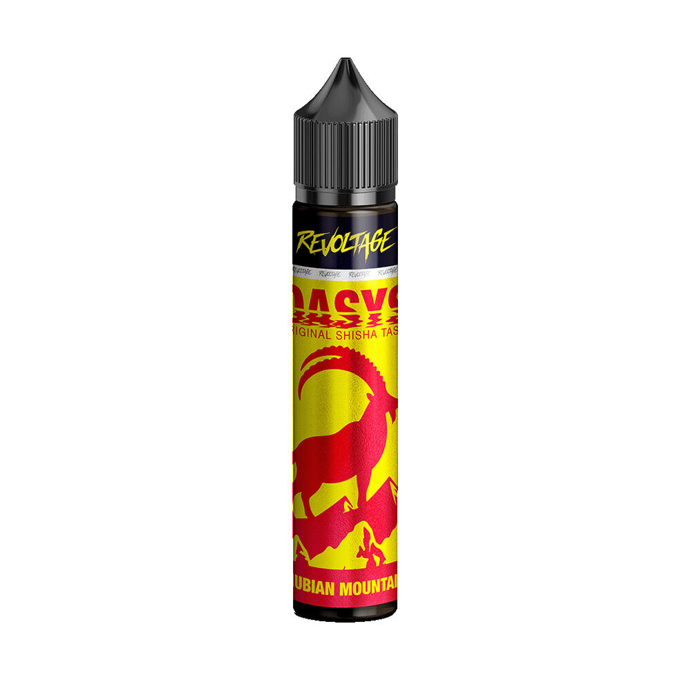 Revoltage Oasys Longfill Aroma Nubian Mountain, gelb-rotes Flaschendesign mit Ziegenmotiv und schwarzem Verschluss.