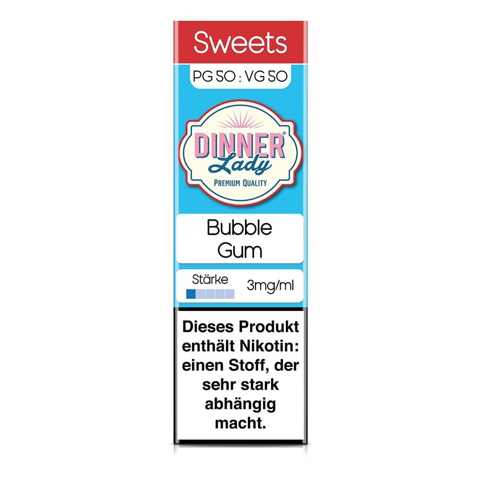 Dinner Lady Liquid Bubble Gum 3mg Flasche, blaue Verpackung mit PG SO: VG SO, Hinweis auf Nikotinabhängigkeit, Stärkeanzeige.