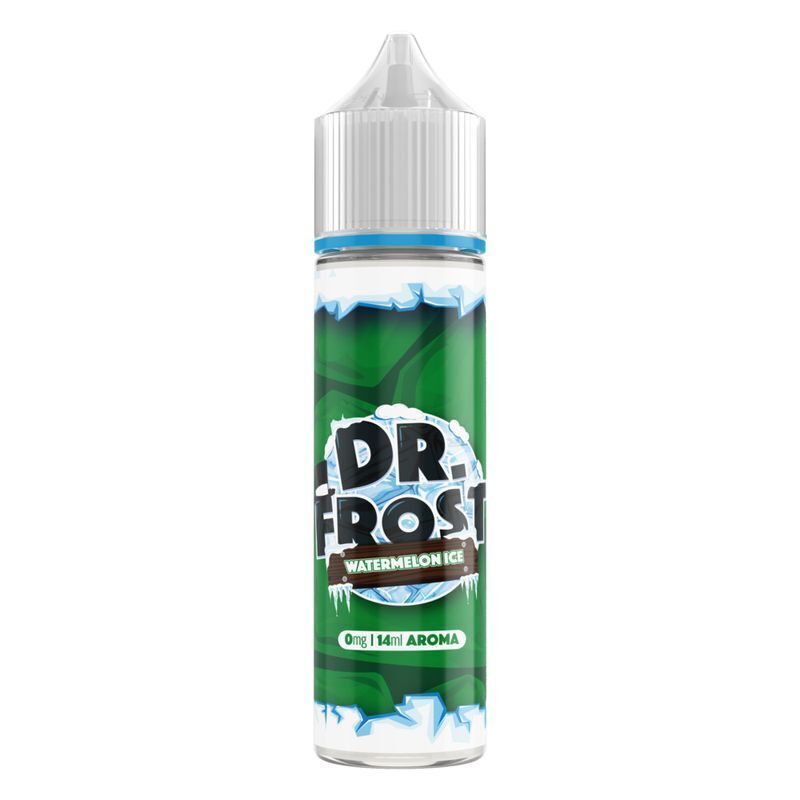 Aroma Watermelon Ice von Dr. Frost Dr. Frost Aroma Watermelon Ice in grünem Design, 0 mg, 14 ml, mit Eiskristallen und Schriftzug auf der Flasche.