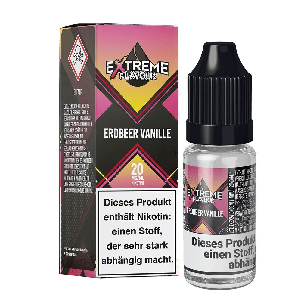 Liquid Erdbeer Vanille 20mg - Extreme Flavour Extreme Flavour Nikotinsalz mit Erdbeer-Vanille-Geschmack, 20 mg/ml, in schwarzer Flasche neben Verpackung mit Warnhinweis.