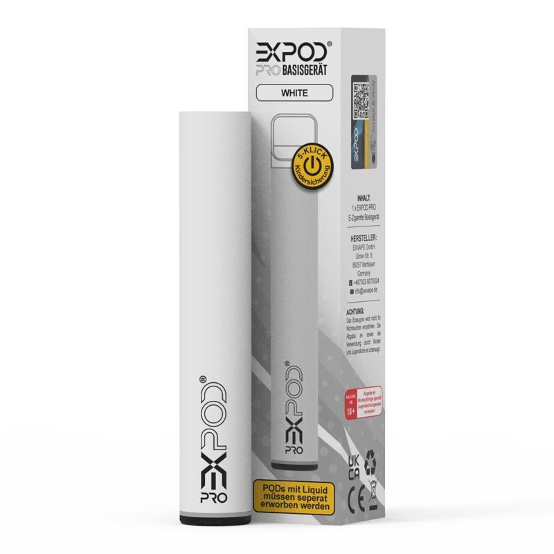 Expod Pro Prefilled Pod Akku Weiß Expod Pro Akku in Weiß mit Verpackung, Branding und Sicherheitshinweis, Produkt ist ein E-Zigaretten-Basisgerät