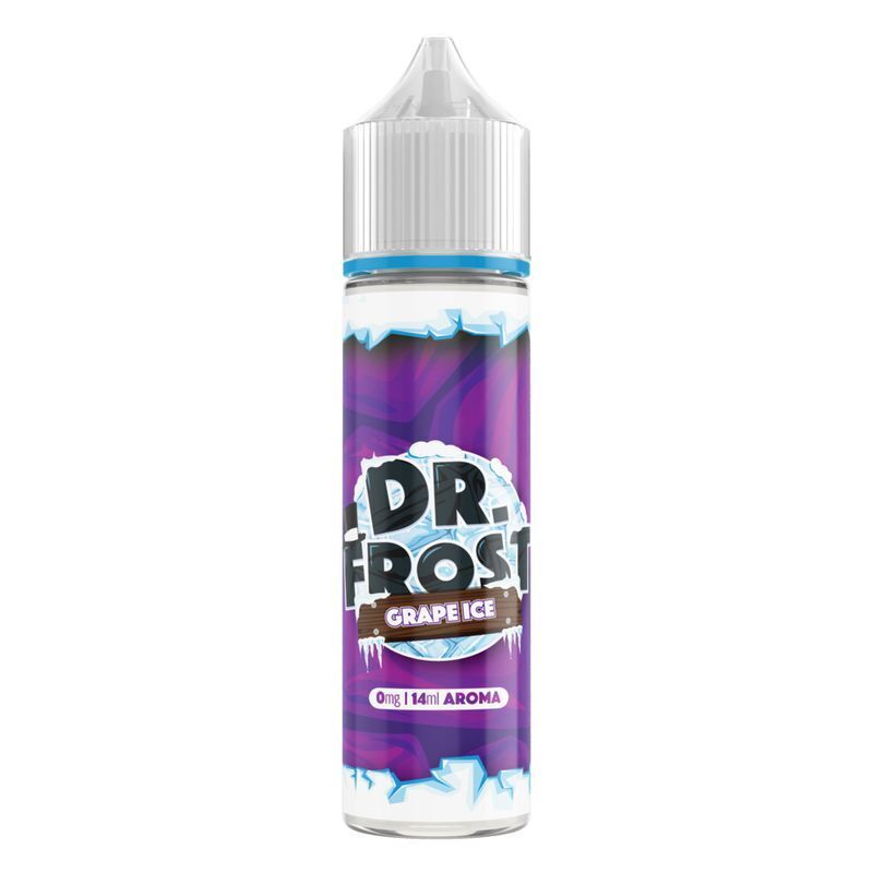 Aroma Grape Ice von Dr. Frost Dr. Frost Aroma Grape Ice Flasche mit lila Etikett, Eiskristallen und der Aufschrift 0mg 14ml Aroma.