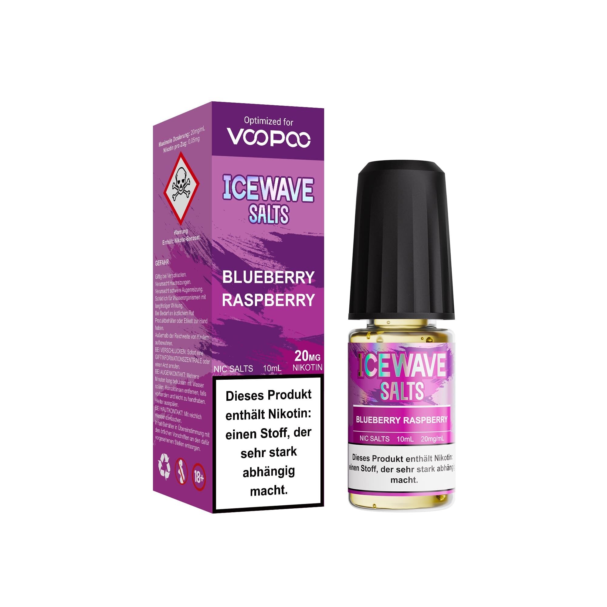 Icewave Nikotinsalz - Blueberry Raspberry 20mg Icewave Nikotinsalz Blueberry Raspberry 20mg, 10ml Flasche neben violetter Verpackung mit Warnhinweis über Nikotinsuchtgefahr.