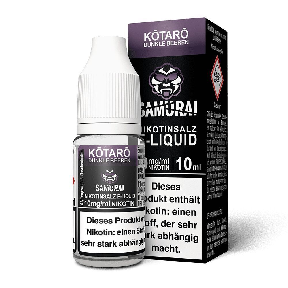 Liquid Kotaro Dunkle Beeren 10mg - Samurai Flasche und Verpackung von Kotaro Nikotinsalz E-Liquid Dunkle Beeren 10mg, erkennbar am Logo und Warnhinweis auf hohem Nikotingehalt