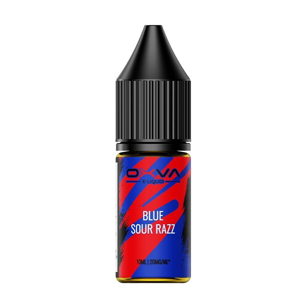 Oxva E-Liquid Blue Sour Razz Flasche mit schwarzer Kappe, rotem und blauem Etikett, 10ml Inhalt, Nikotinstärke 20mg/ml