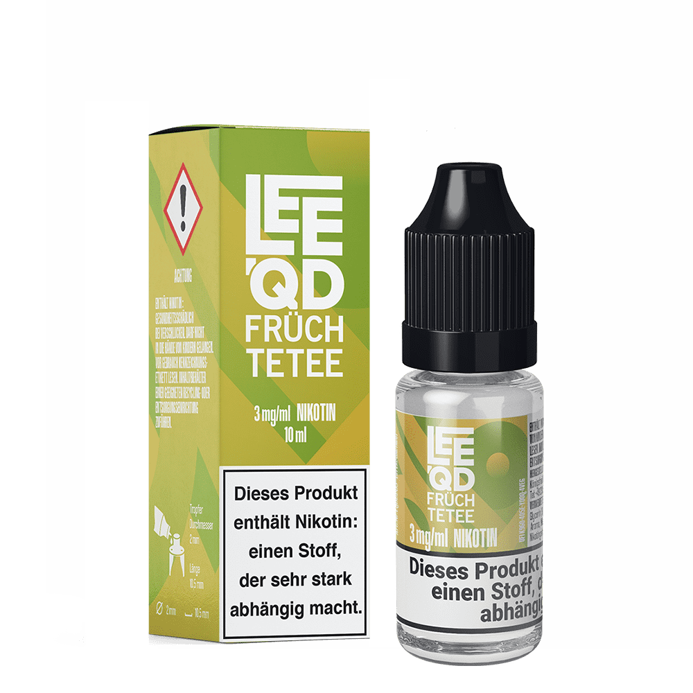 Flasche und Verpackung des Leeqd Liquid Crazy Früchtetee 3mg mit Warnung vor Nikotinsucht auf grünem Hintergrund