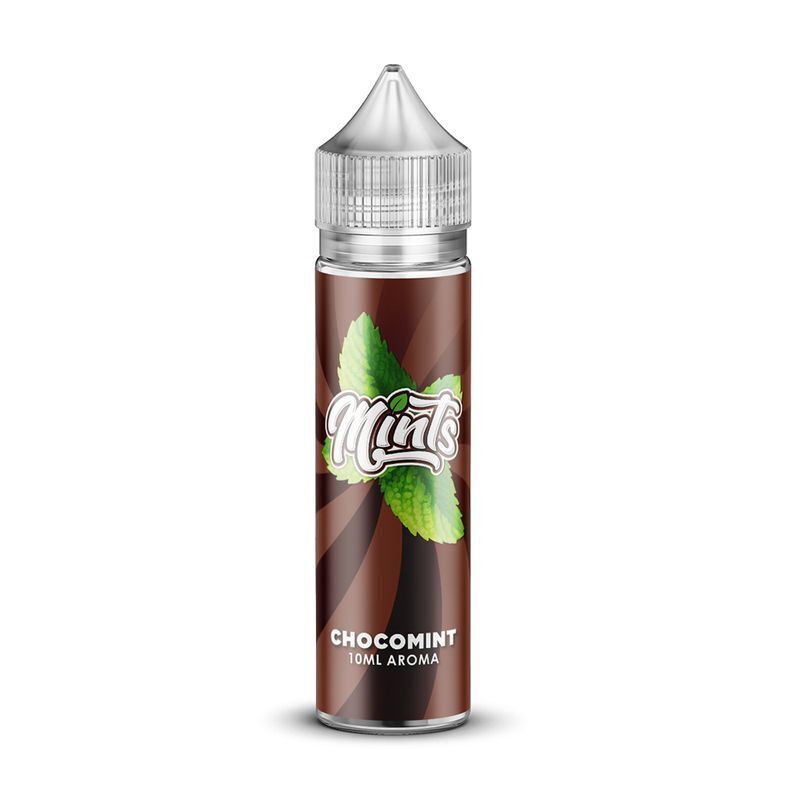 Aroma Chocomint von Mints Flasche mit brauner Chocomint-Aroma-Verpackung, grünen Minzblättern und klarer Kappe, 10 ml Inhalt.