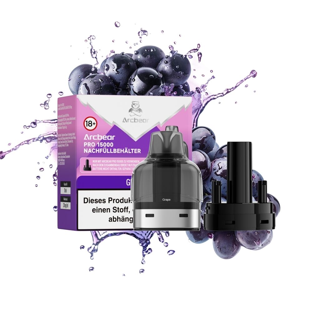 Arcbear Pro 15000 Pods - Grape Ice 20mg Arcbear Pro 15000 Nachfüllbehälter Grape Ice 20mg mit Trauben-Design, lila Verpackung und zwei Pods, Warnhinweis zu Nikotin