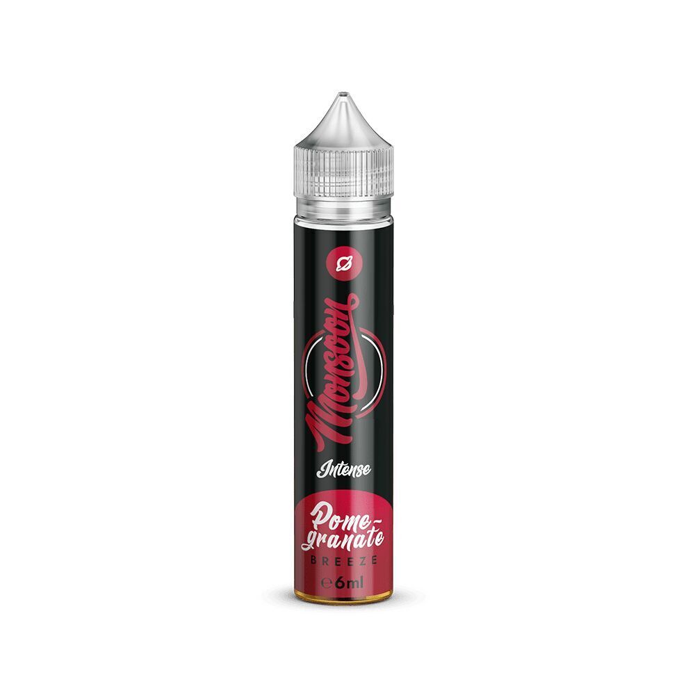 Monsoon Aroma Flasche, Design in Rot und Schwarz, mit der Aufschrift "Pomegranate Breeze", 6 ml Inhalt, klare Plastikspitze.