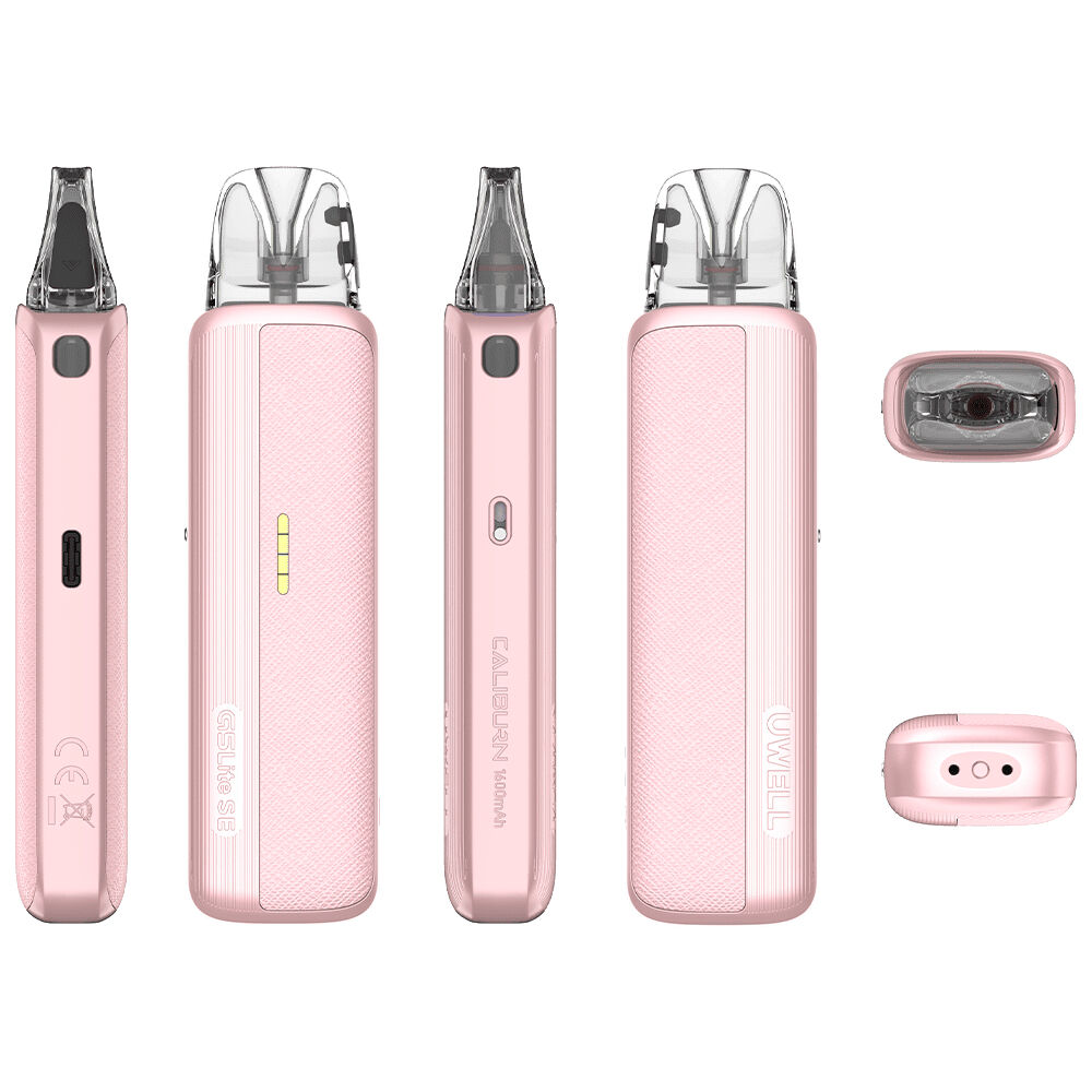 220826-1_2 Uwell Caliburn G5 Lite SE Pod Kit in Pink Leather, mit durchsichtigen Pod-Aufsätzen und seitlichen Markenaufdrucken in verschiedenen Ansichten