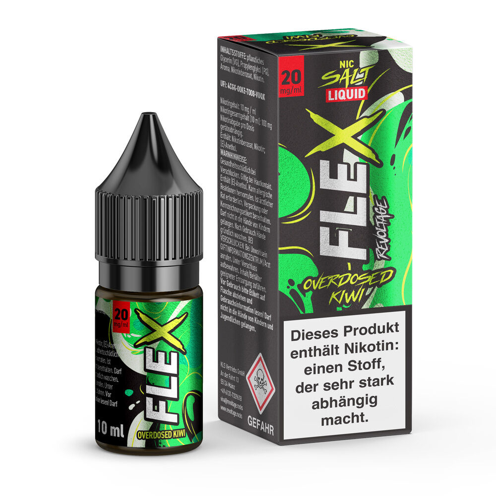 E-Flüssigkeit Revoltage Flex Nikotinsalz Kiwi mit 20 mg/ml und Shotflasche neben Verpackung mit Hinweis auf Nikotinsuchtgefahr.