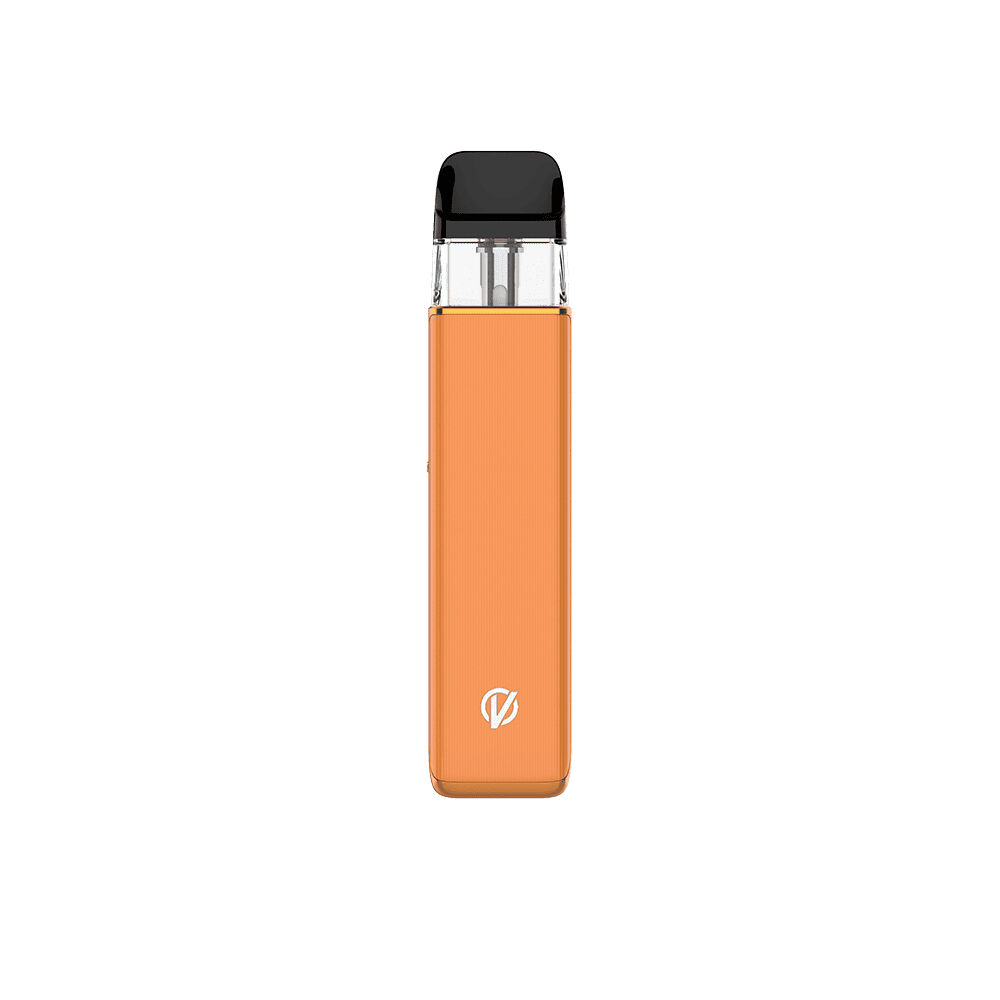 Vaporesso Xros 6 Mini Pod Kit in Jelly Orange, langer orangefarbener Körper, schwarzer Mundstückaufsatz, kleines Vaporesso-Logo unten.