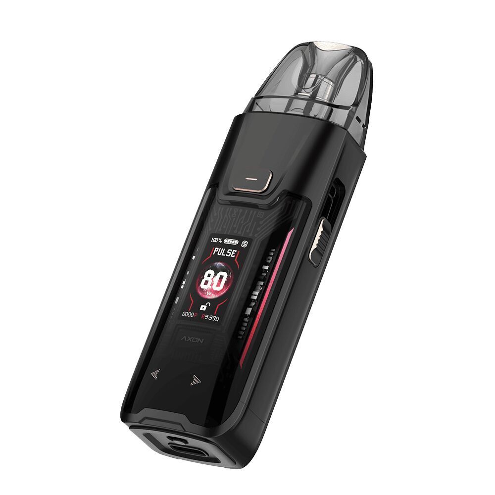 Vaporesso Luxe XR Max 2 Pod Kit in dunkel-schwarzem Leder mit Display, das 80 Pulse anzeigt, und silbernem Schieberegler.