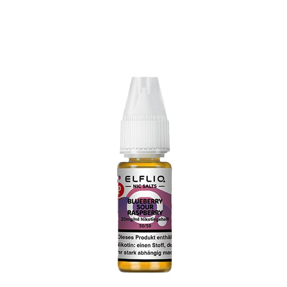 Elfliq Nikotinsalz - Blueberry Sour Raspberry 20mg Flasche Elfliq Nikotinsalz Blueberry Sour Raspberry 20mg mit weißem Verschluss, violettem Etikett und Warnhinweis, 50/50 Mischverhältnis.