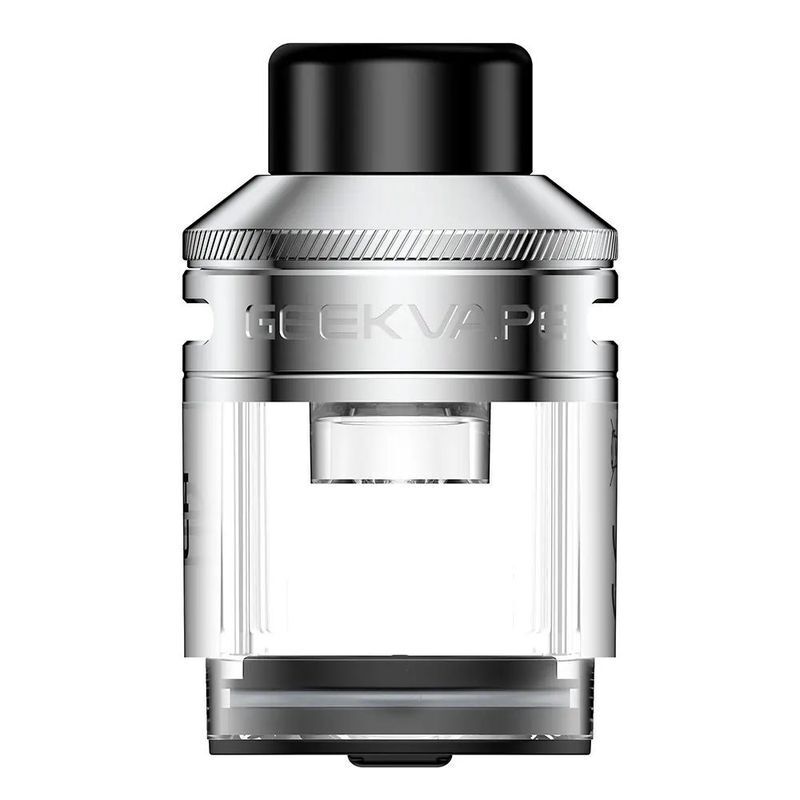 Geekvape Aegis Eteno Leerpod Grau Geekvape Aegis Eteno Leerpod Grau mit sichtbarem Branding, silbernem Abschluss und transparentem Tank für E-Liquids.