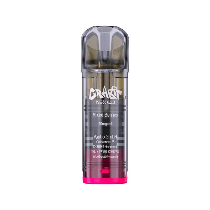 Grabit Nex Pods Mixed Berries 20mg E-Liquid, transparente Hülle, Vaptio GmbH-Details und Kontaktinformationen sichtbar.