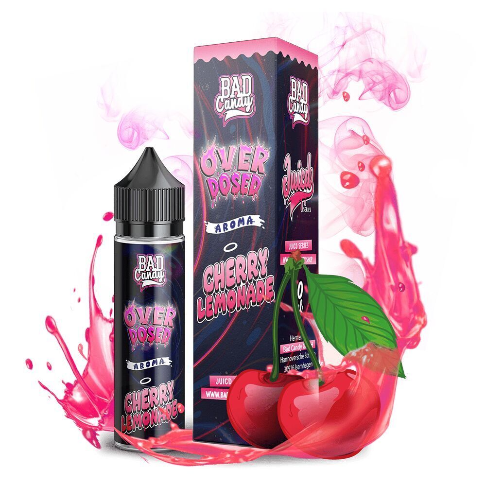 Aroma Cherry Lemonade - Bad Candy Overdosed Flasche und Schachtel von Bad Candy Aroma Cherry Lemonade Overdosed, umgeben von spritzenden rosa Flüssigkeitseffekten und Kirschen.