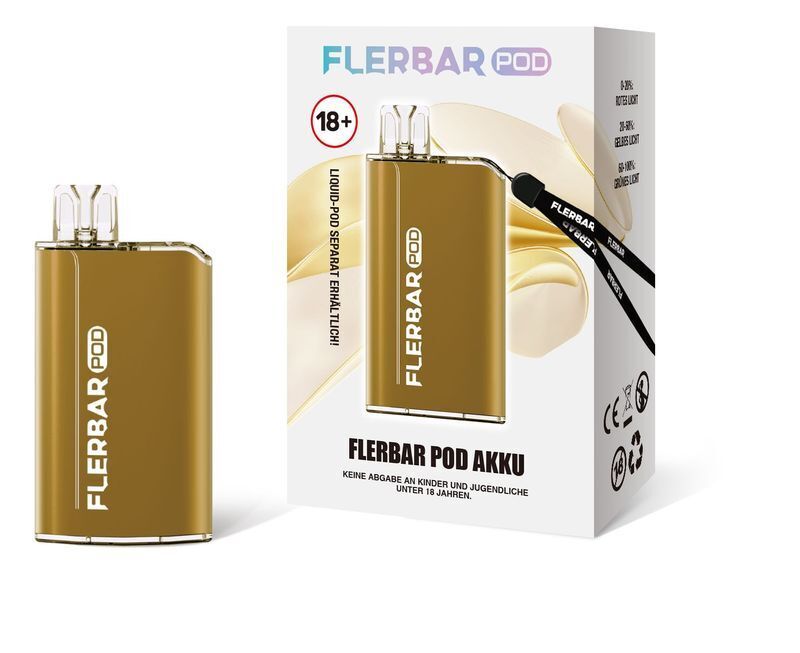 Flerbar Pod Akku Gold Goldener Flerbar Pod Akku, stilvolles Design, sichtbar auf Verpackung mit 18+ Hinweis und Warnung, und Schriftzug "Flerbar Pod Akku"