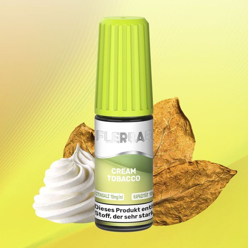 Liquid Cream Tobacco mit 10mg Nikotin von Flerbar Flerbar Nikotinsalz Cream Tobacco 10mg Flasche mit grünem Deckel, Sahnehäubchen und Tabakblätter vor gelbem Hintergrund