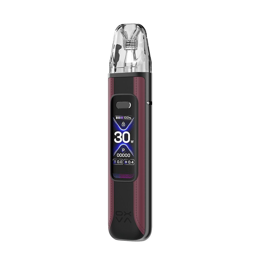 Oxva Xlim Pro 3 Pod Kit in Race Red mit digitalem Display, zeigt 30W Leistung, Ladezustand und diverse Symbole an.