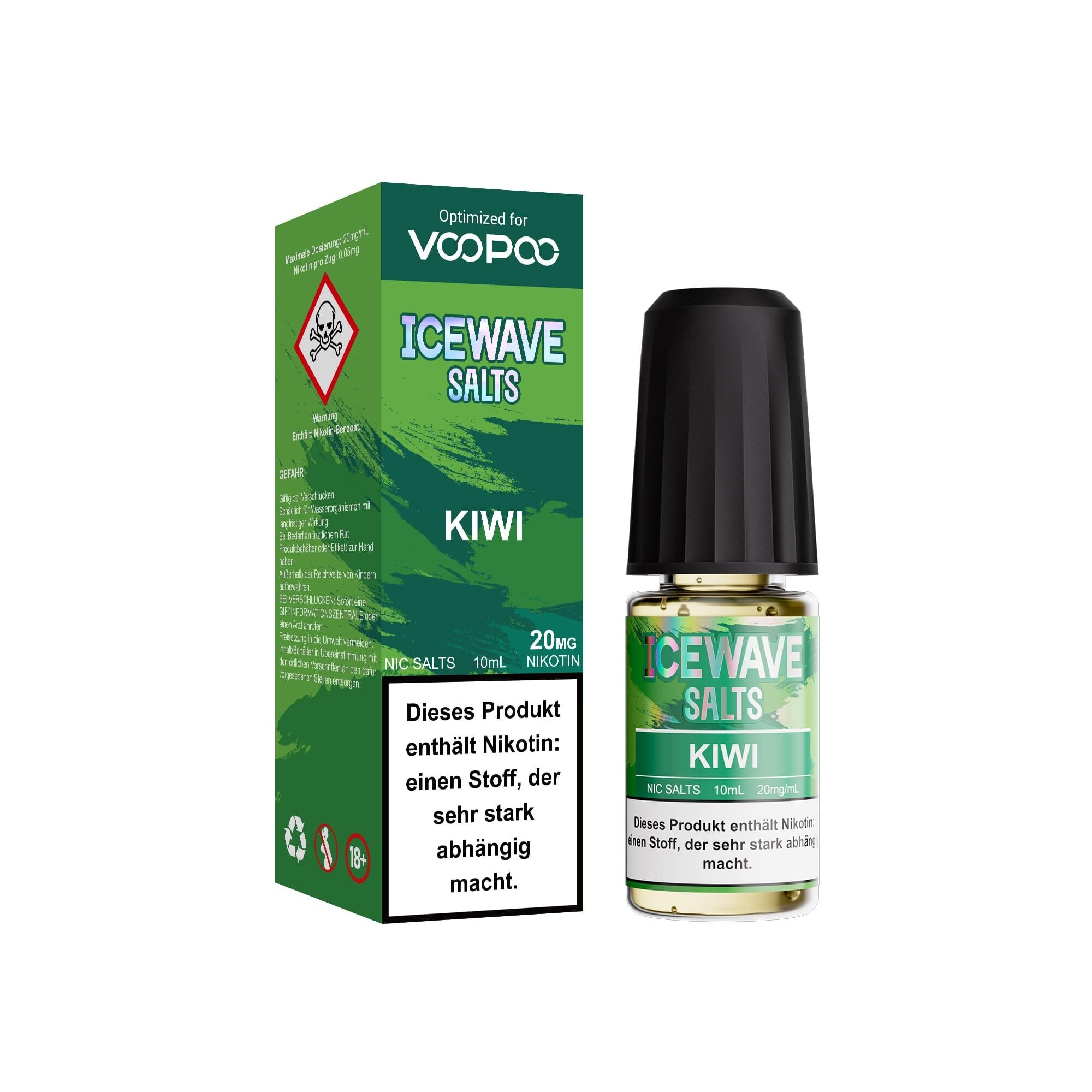 Icewave Nikotinsalz - Kiwi 20mg Icewave Nikotinsalz Kiwi 20mg Flasche und Verpackung, grün-weiße Aufschrift, Warnhinweise zu Nikotinabhängigkeit, VOOPOO-Logo.