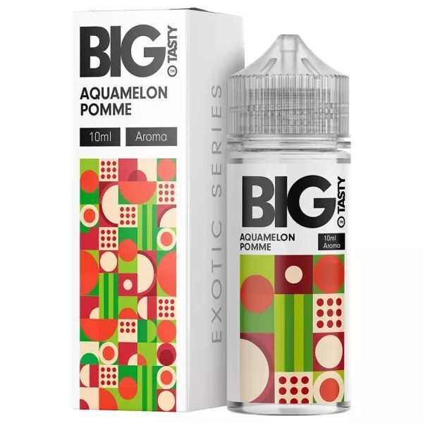 Aroma Aquamelon Pome von Big Tasty Flasche und Verpackung des Aromas "Big Tasty Aquamelon Pomme" mit buntem geometrischem Design in Rot, Grün und Beige.
