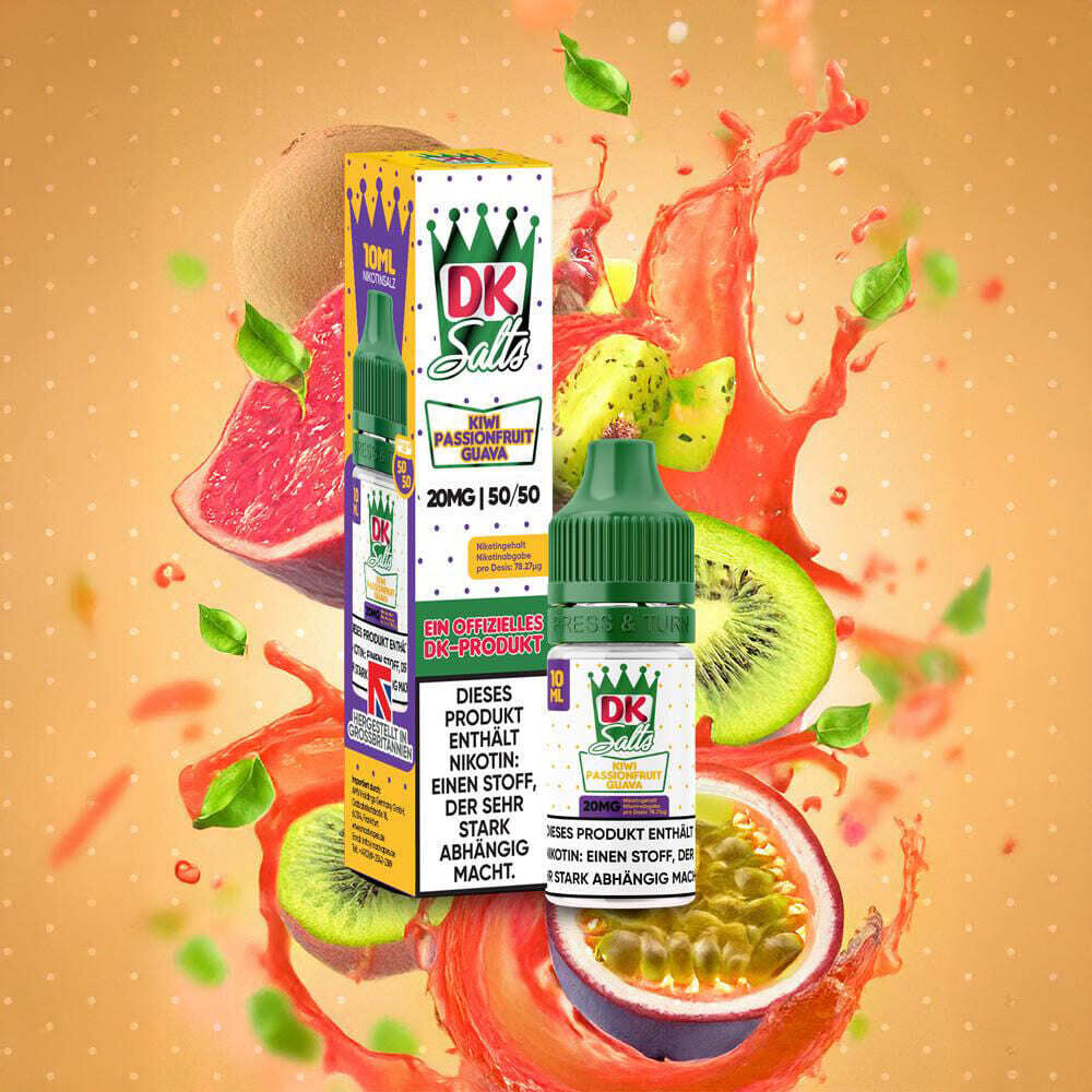 Liquid Kiwi Passionsfruit Guava 20mg - DK Salts DK Salts Nikotinsalz-Flasche und Verpackung mit Kiwi, Passionsfrucht, Guave, umgeben von Frucht- und Saft-Illustrationen vor orangem Hintergrund.