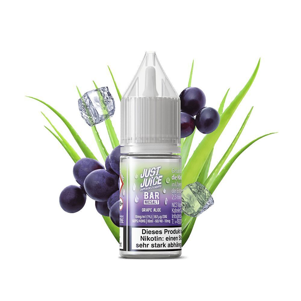 Liquid Grape Aloe 10mg - Just Juice Just Juice Nikotinsalz Grape Aloe Flasche vor grünen Aloe-Blättern und schwarzen Trauben, mit abgebildeten Eiskristallen.