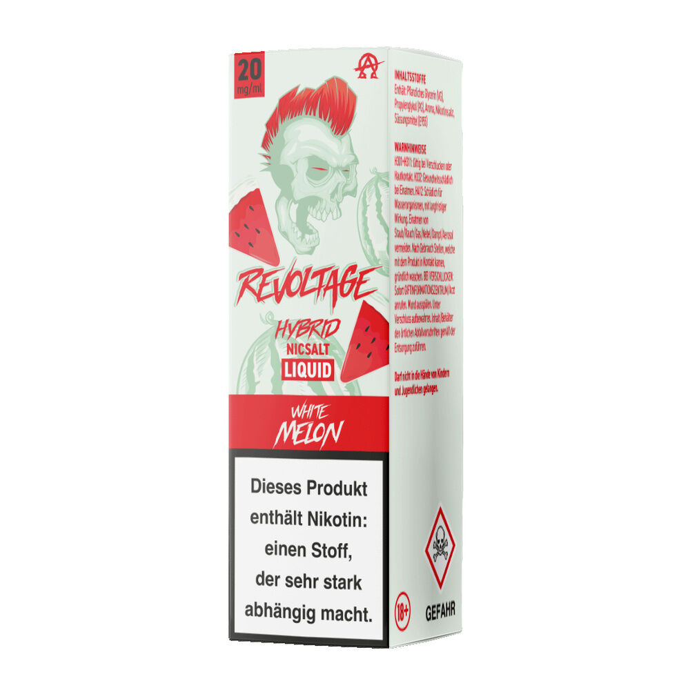 Verpackung von Revoltage Hybrid Liquid White Melon 20mg mit rotem Totenkopf und Warnhinweisen, Geschmacksrichtung White Melon.