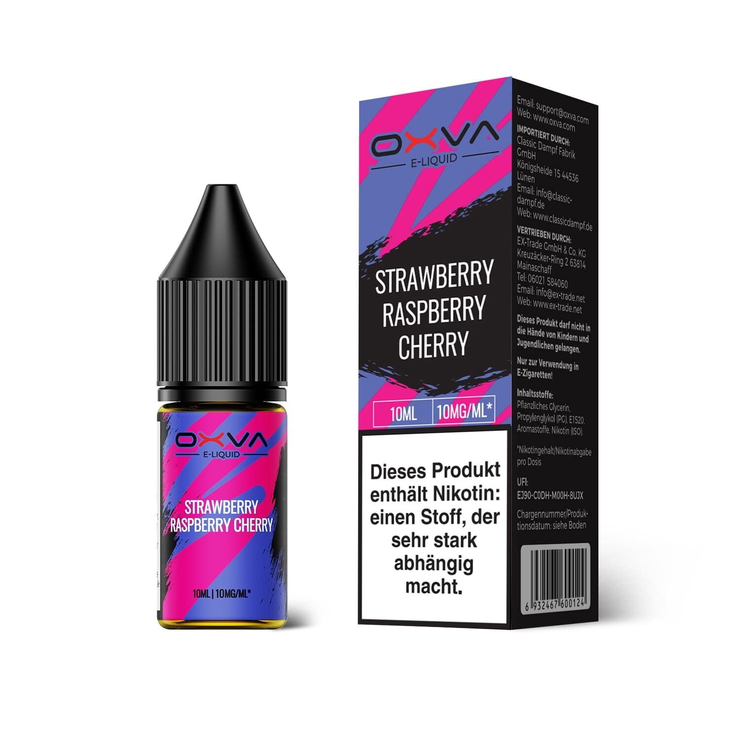 Liquid Strawberry Raspberry Cherry mit 10mg Nikotin von Oxva Oxva E-Liquid-Flasche und Verpackung mit Branding für Nikotinsalz in der Geschmacksrichtung Strawberry Raspberry Cherry, 10mg/ml.