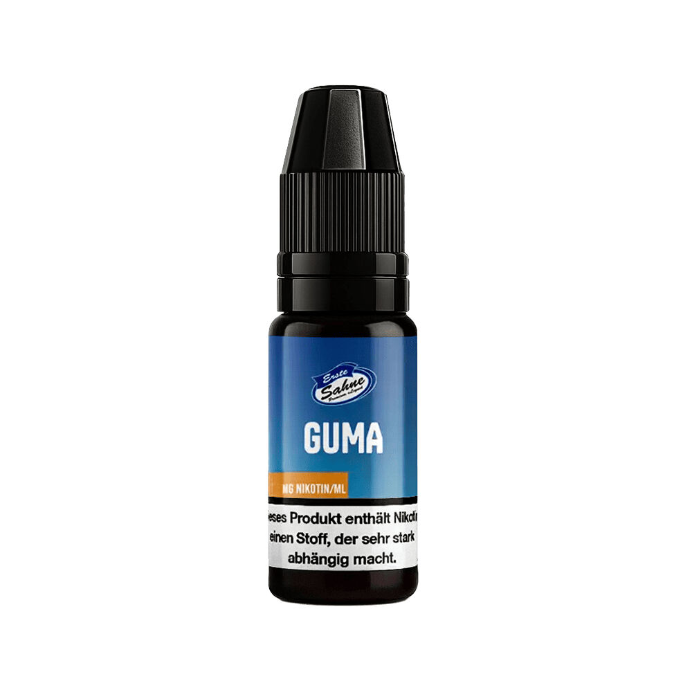 Erste Sahne Liquid - Guma Erste Sahne Liquid Guma Flasche mit blauem Etikett und 6 mg Nikotin/ml Text, darunter ein Warnhinweis über Nikotingehalt.