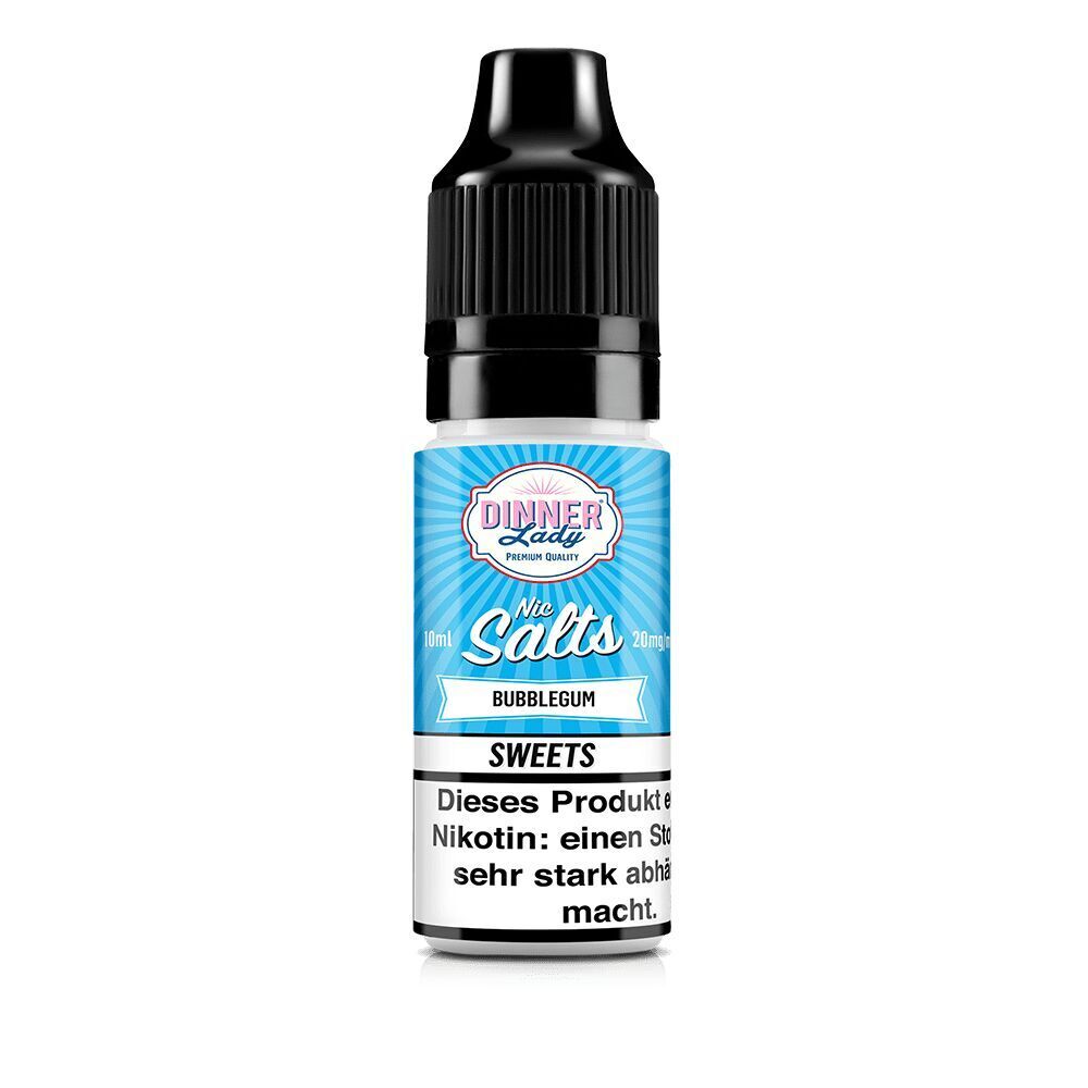 Dinner Lady Nikotinsalz Bubblegum-Flasche mit 10 ml Inhalt, 20 mg Nic Salts, blau-weißes Etikett und Warnhinweis auf Nikotinabhängigkeit.