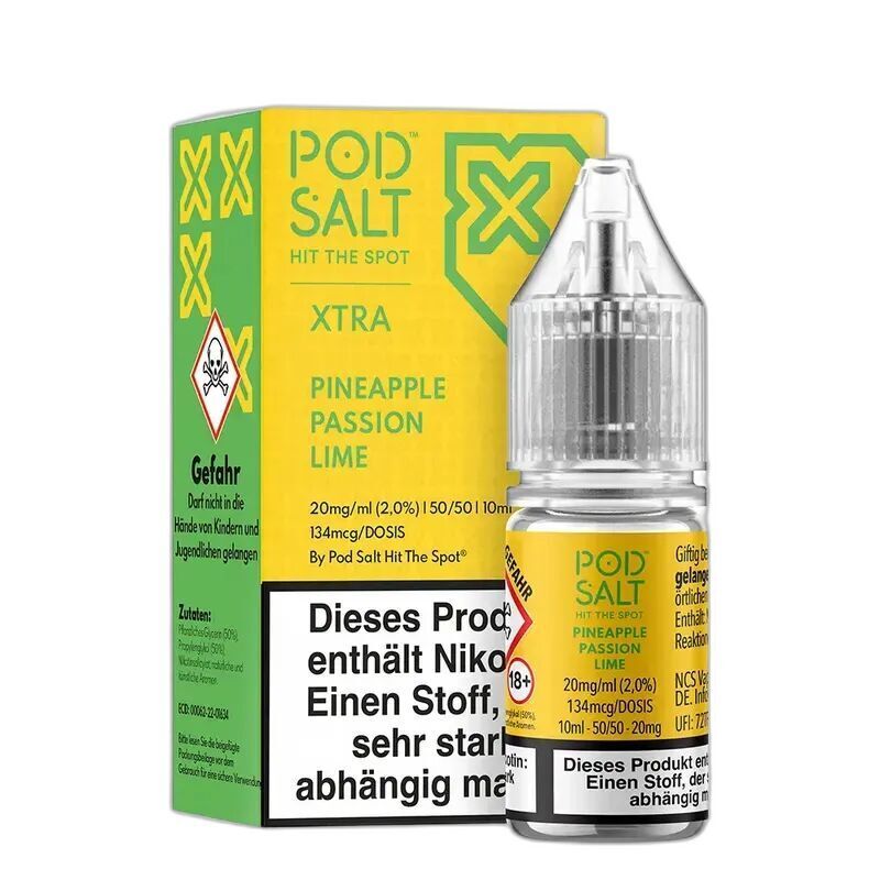 Liquid Pineapple Passion Lime mit 20mg Nikotin von Pod Salt Xtra Pod Salt Xtra Nikotinsalz Pineapple Passion Lime 20mg Flasche und Verpackung nebeneinander, enthält Nikotin, gelb-grünes Design