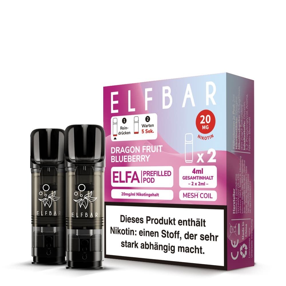 ELB557 Zwei Elfbar ELFA Prefilled Pods mit Dragon Fruit Blueberry 20mg vor einer Verpackung mit Warnhinweis zu Nikotingehalt.