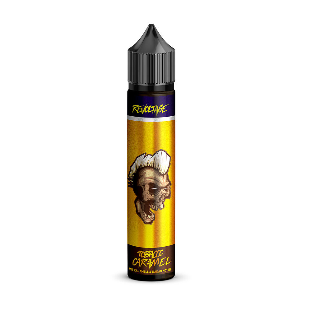 Flasche des Revoltage Tobacco Longfill Aroma mit goldener Verpackung, stilisiertem Schädel und schwarzem Verschluss, Text "Tobacco Caramel".