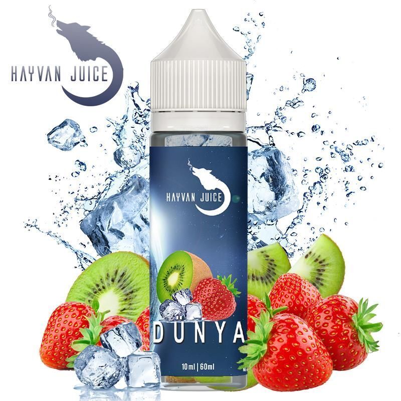 Aroma Dünya von Hayvan Juice Hayvan Juice Aroma - Dünya Flasche mit Erdbeeren, Kiwischeiben und Eiswürfeln, spritzendes Wasser im Hintergrund