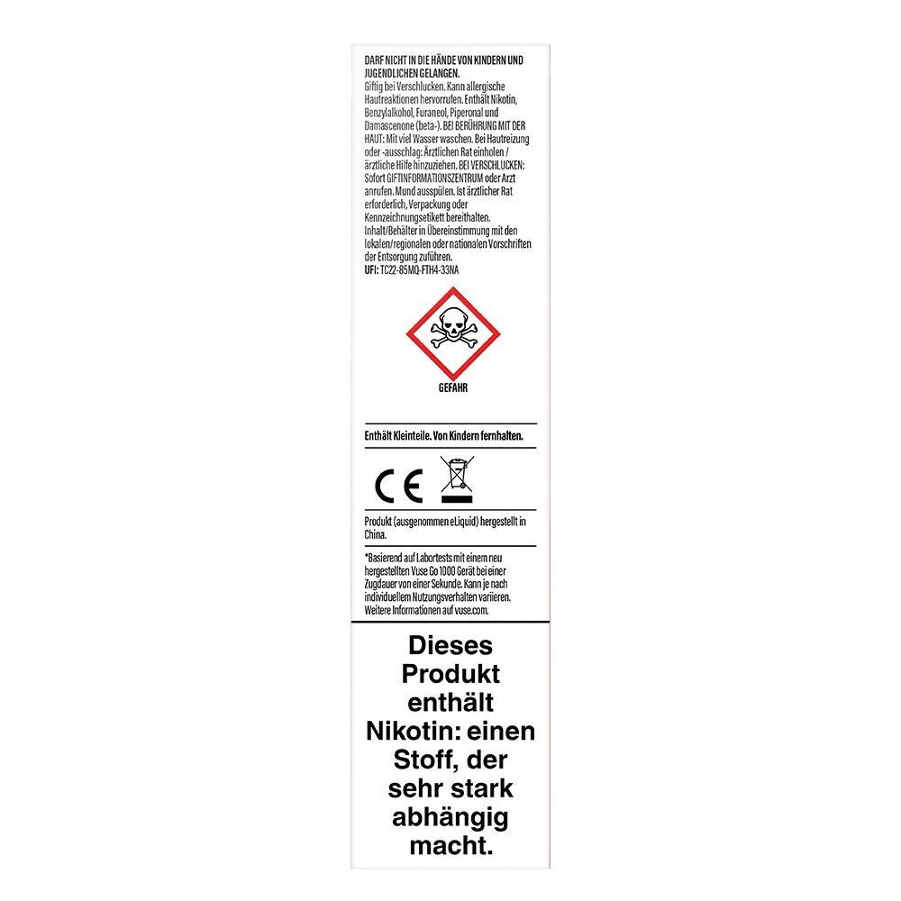 Berry Watermelon 20mg - Vuse GO 1000 Einweg Vuse GO 1000 Berry Watermelon 20mg Packung mit Warnhinweisen, Gefahrensymbol, CE-Kennzeichnung und Text über Nikotingehalt und Abhängigkeit