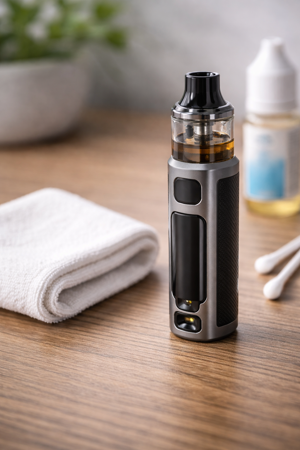 Aufrechtstehende E-Zigarette auf einem Holztisch neben einem sauberen Tuch. Im Hintergrund E-Liquid-Flasche und Wattestäbchen. 